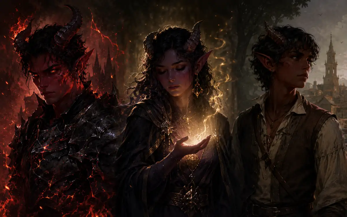Fantasy name list display showing dark and elegant Tiefling names for D&D characters