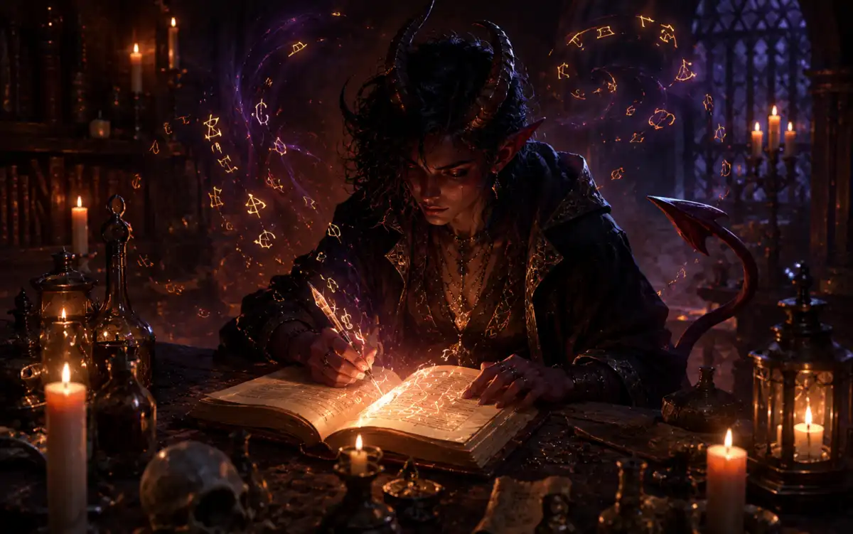 Tiefling virtue name examples displayed with symbolic dark fantasy artwork