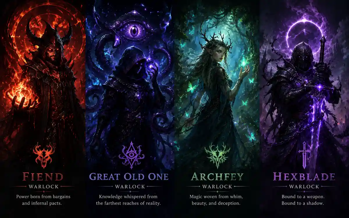 Warlock patron types illustrated — Fiend, Archfey, Great Old One, and Hexblade naming styles