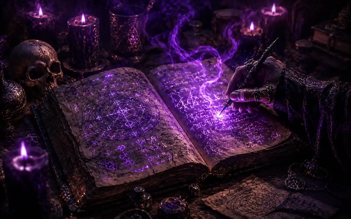 Gender-neutral warlock names displayed with dark fantasy aesthetic for D&D and fantasy writing
