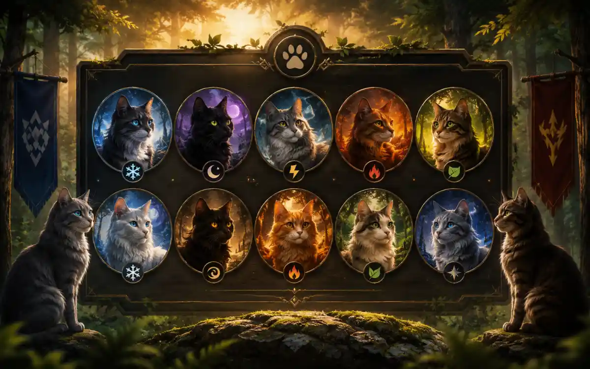 WCUE name generator results showing warrior, apprentice, and leader cat names for roleplay