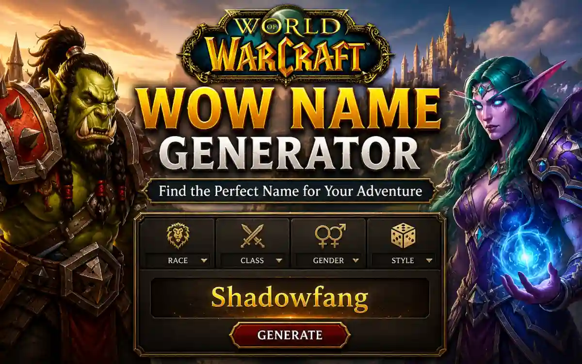 WoW name generator showing World of Warcraft character names for Alliance, Horde, and Neutral factions