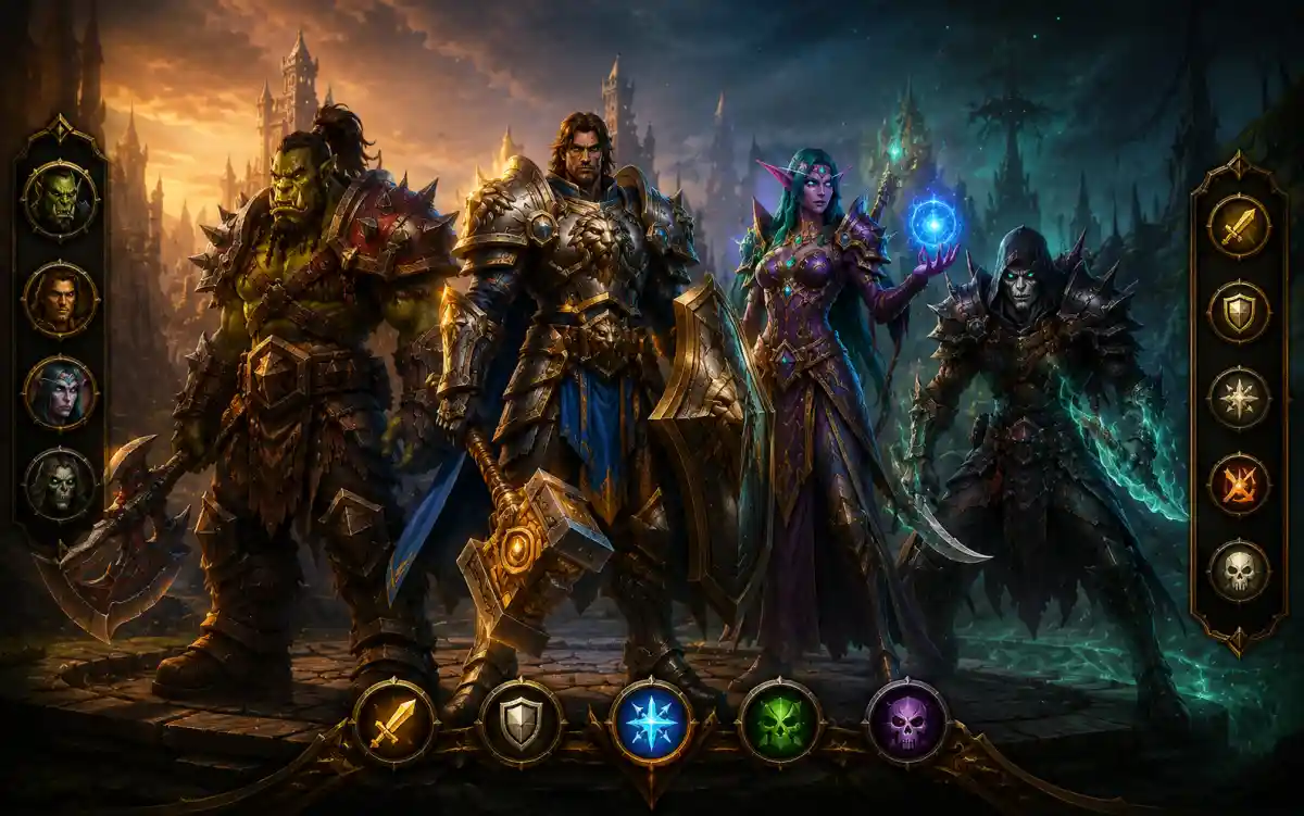 World of Warcraft character creation screen showing different races and faction name styles